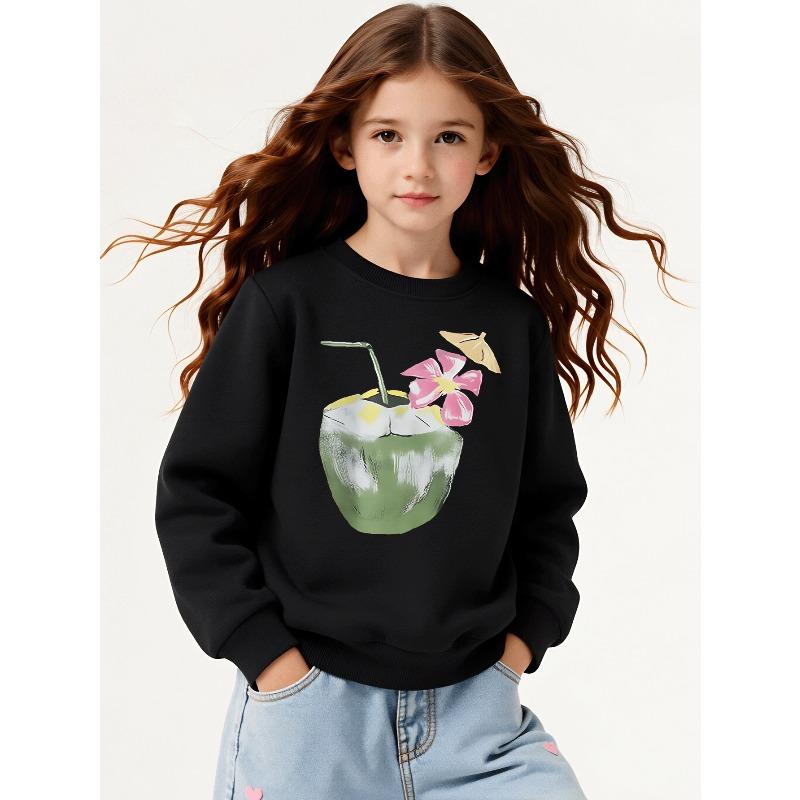Kids Sweatshirt Crewneck Sweatshirt Coconut Drink with Flower And Straw Machine Washable, Spring And Autumn, Sportswear And Casual Wear