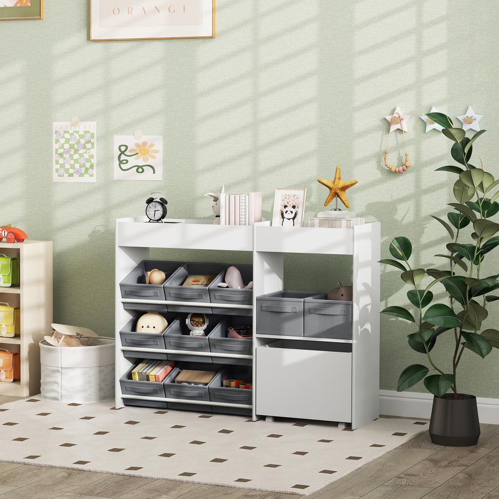 Kids' Storage Shelf, Toy Cabinet for Children with 11 Fabric Boxes, Upper Compartments, White