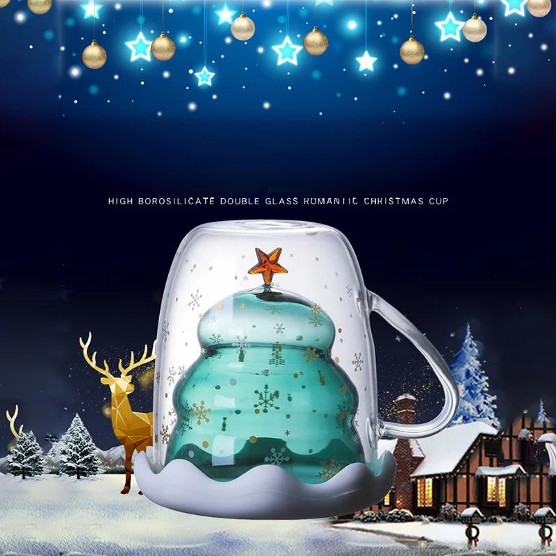 Christmas Tree Double Wall Glass Mug – Heat Resistant Snow Mountain Cup for Coffee, Milk & Holiday Drinks