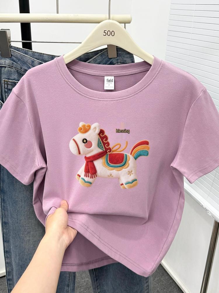 2026 Women's Plus Size T-shirt: Little Horse Print, Round Neck, Short Sleeve, Stylish, Tummy-Covering Design