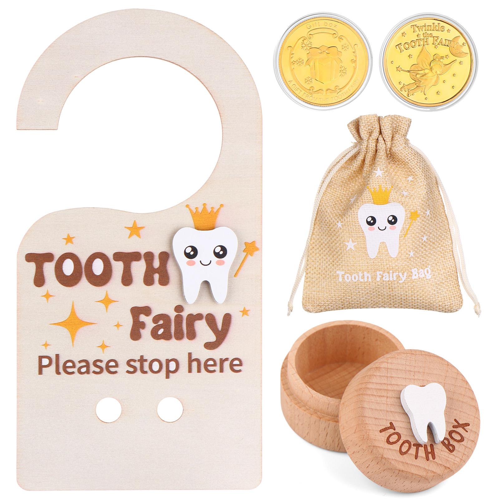 

1 Set/4Pcs Wooden Tooth Fairy Box Tooth Fairy Door Hanger Tooth Fairy Box With Storage Pouch Gold Foil Reward Coin Wooden Doorplate Toot-H Fairy Coin