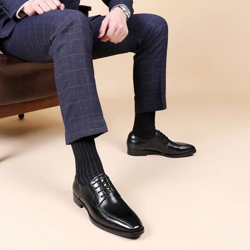 Designer Men'S Leather Shoes Black Square Toe Dress Derby Shoes Fashion Formal Wedding Gentleman Lace-Ups  De Hombre