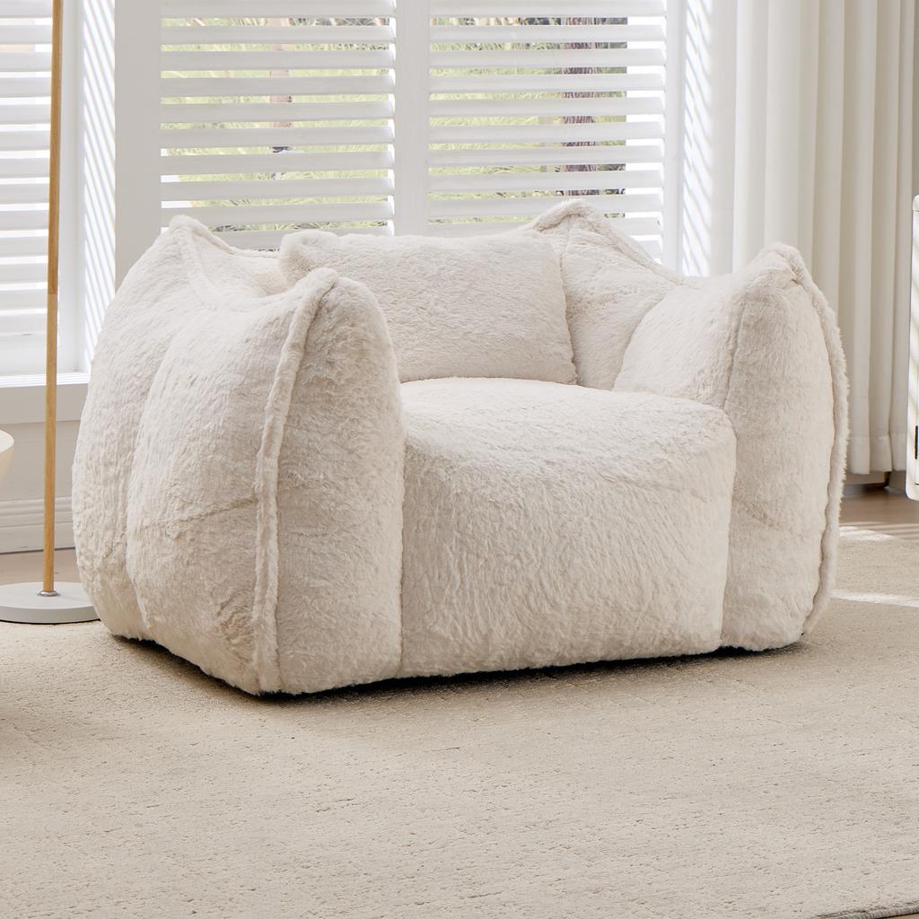 Giant Bean Bag Chair with pillow, Comfy Large Bean Bag Chairs for Adults and Kids, Faux Fur Floor Sofa for Living Room Bedroom Apartment, Beige