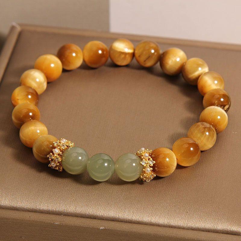Vintage Gold Plated Tiger's Eye & Green Jade Beaded Bracelet for Women, Mixed Material Elegant Charm Wrist Jewelry Gift