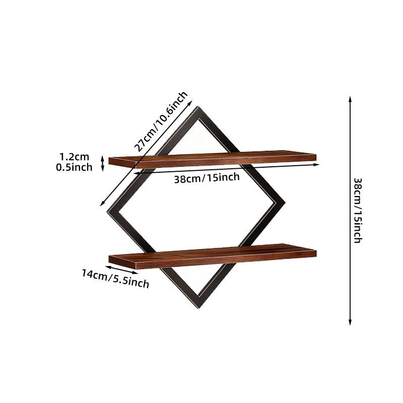 In-Stock Double Layer Iron & Wood Diamond Wall Shelf for Living Room/Bedroom