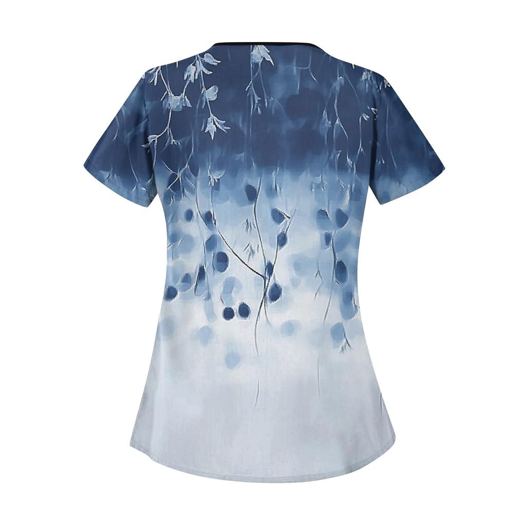 Women's Casual  Print Short Sleeve Sloping Collar Workwear Top With Double Pockets