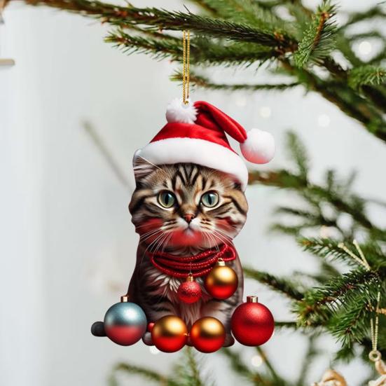 10Pcs Car Rearview Mirror Pendant 2D Acrylic Cat Charm Christmas Tree Ornament Car Interior Accessory