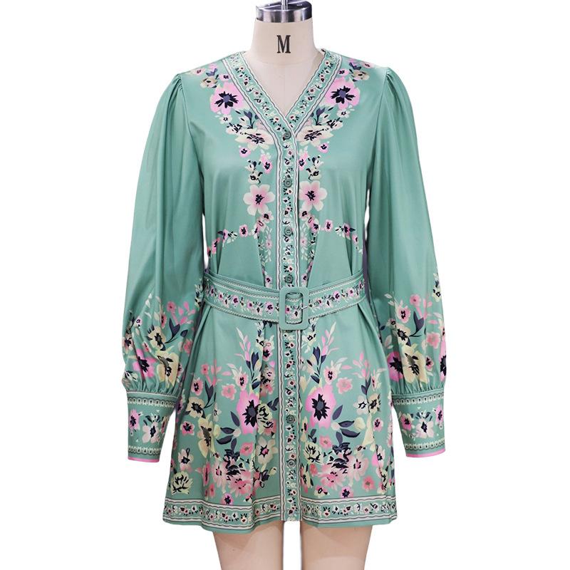 2025 Autumn New Style, Women's Wear, Long Sleeve, V-neck, Loose, Printed, Bohemian, Dress, Retro Flower Pattern