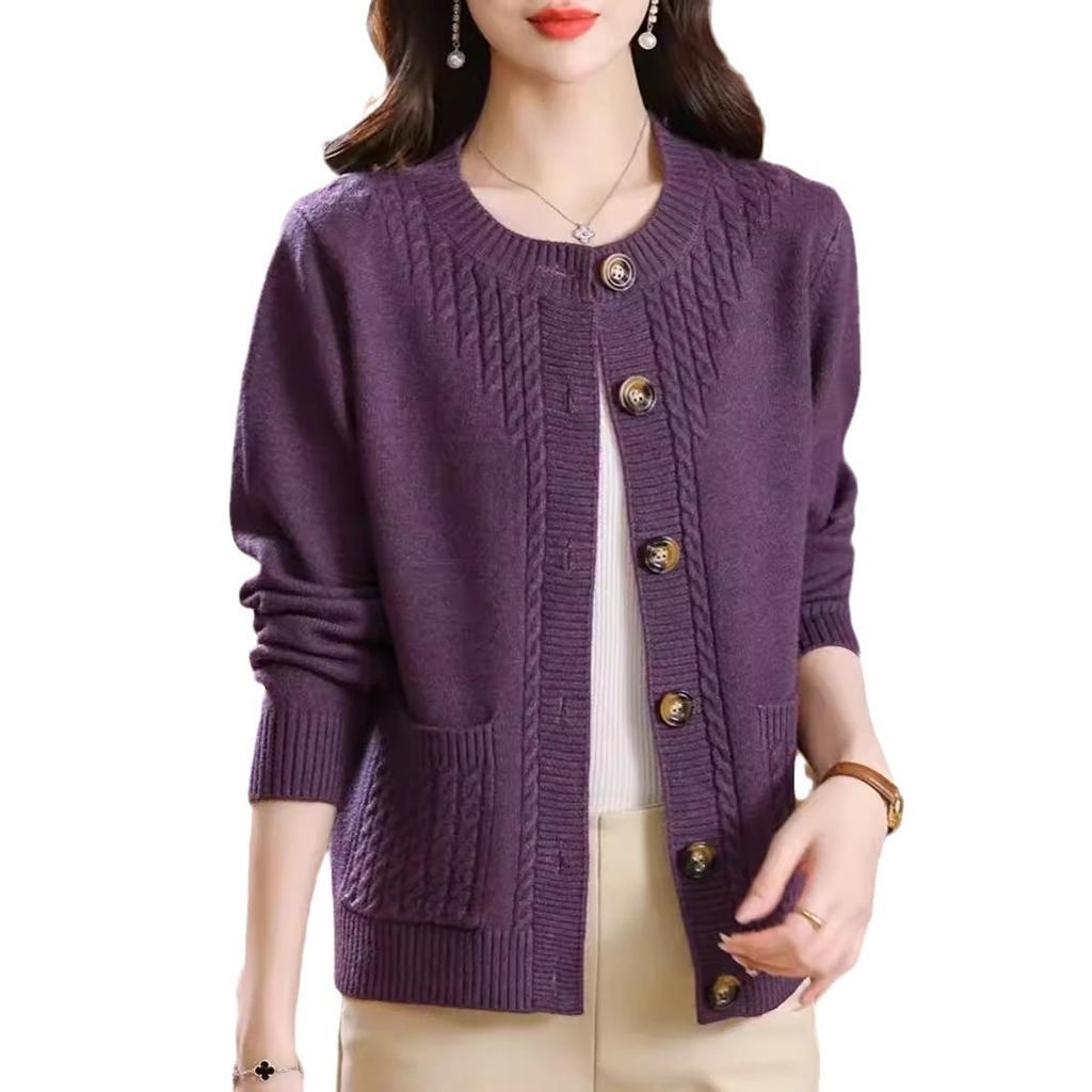 Kardigan s kulatým výstřihem a pleteným vzorem smažených koblih, dámský podzimní a zimní všestranný volný svetr s dlouhým rukávem