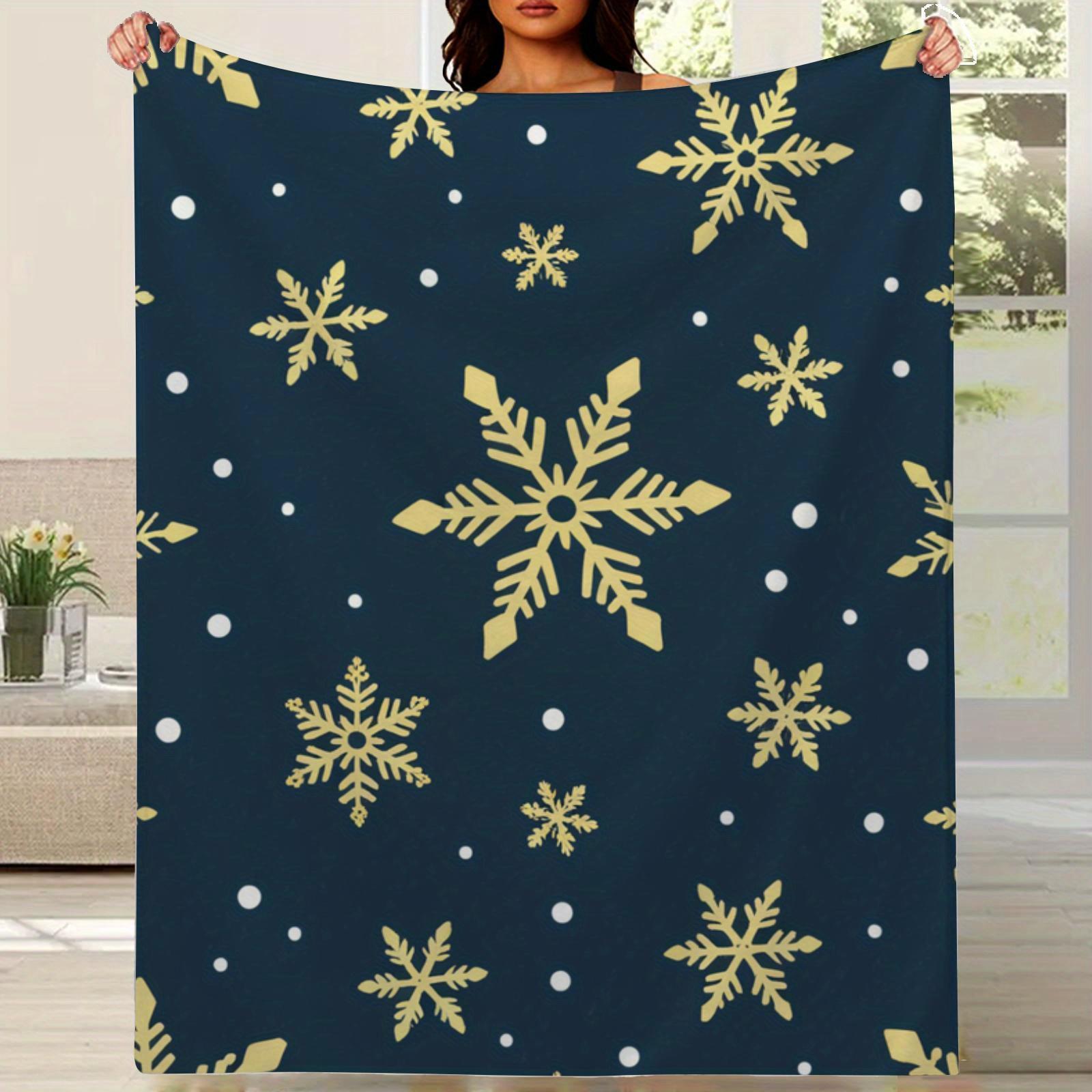 Luxury 280GSM Flannel Blanket - Dark Navy & Golden Snowflake Pattern, All-Season Soft Warm Throw for Bed, Sofa, Travel - Contemp 75X95CM