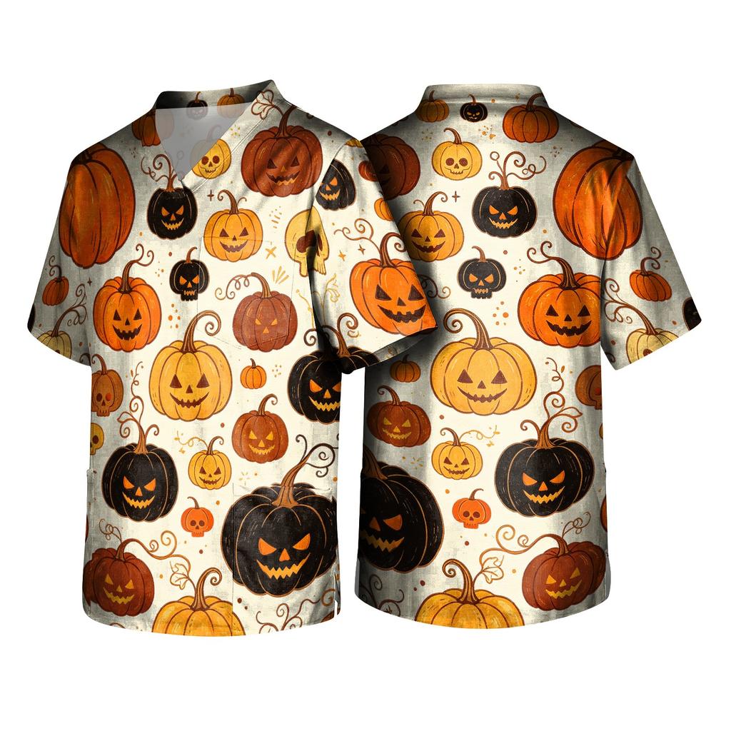 Men's Halloween Print V-Neck Scrub Top with Pockets Short Sleeve