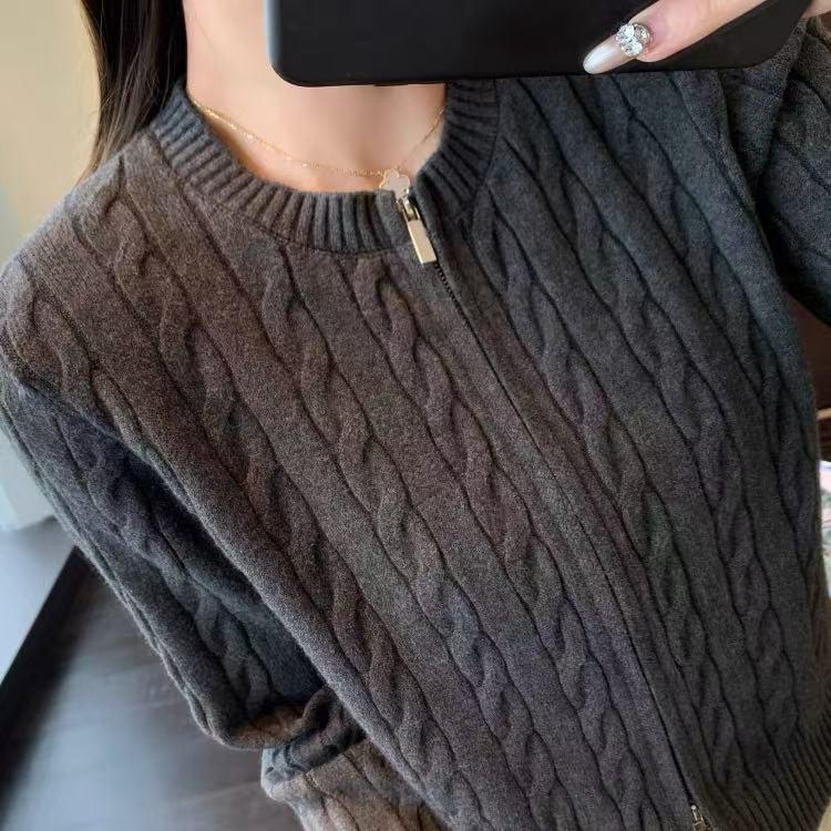 Women's Vintage Style 100% Wool Stand Collar Zipper Cable Knit Cardigan Sweater Coat
