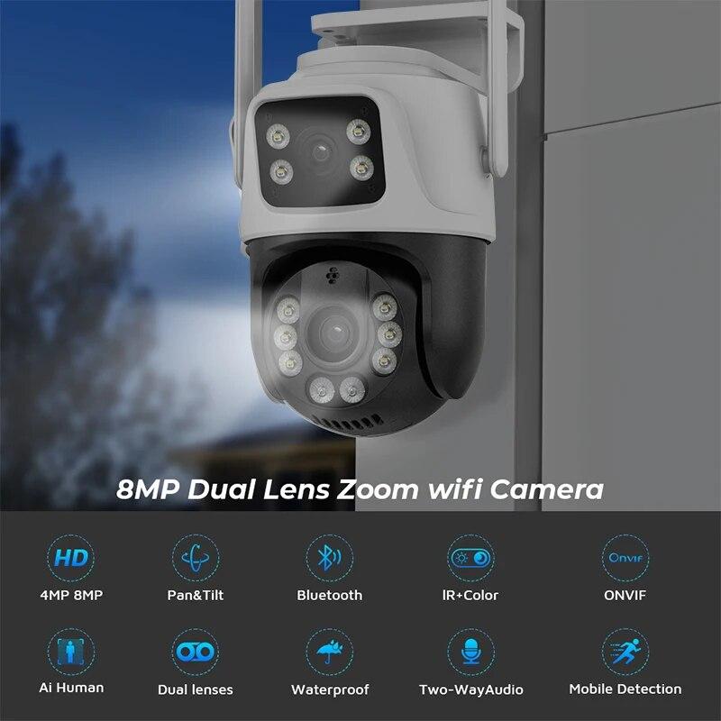8MP Wifi-kamera PTZ utendørs nattsyn Dual Screen Human Detection 4MP sikkerhetsbeskyttelse CCTV-overvåking IP-kamera