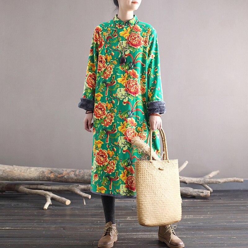 Johnature Women Plush Padded Print Floral Dress Vintage Stand Loose Long Sleeve Dresses Winter Cotton Linen Clothing