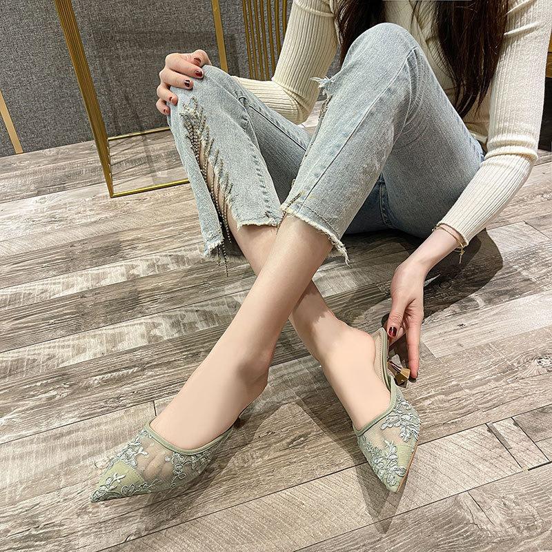 Korean Version of Casual Embroidery Half-drag High Heels Women's Spring and Summer New Pointed Thin Heels Empty Sandals