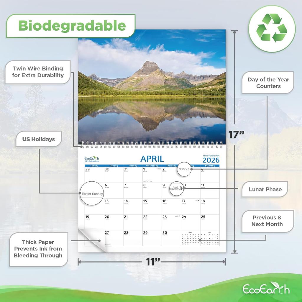 EcoEarth - Biodegradable 11x17 Inch - Open - 12-Month Vertical Hanging Wall Calendar - National Parks - 2026 Monthly Calendar
