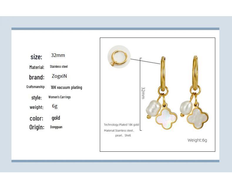 18K Gold-Plated Stainless Steel Clover Pearl Earrings - European & American Fashion for Women