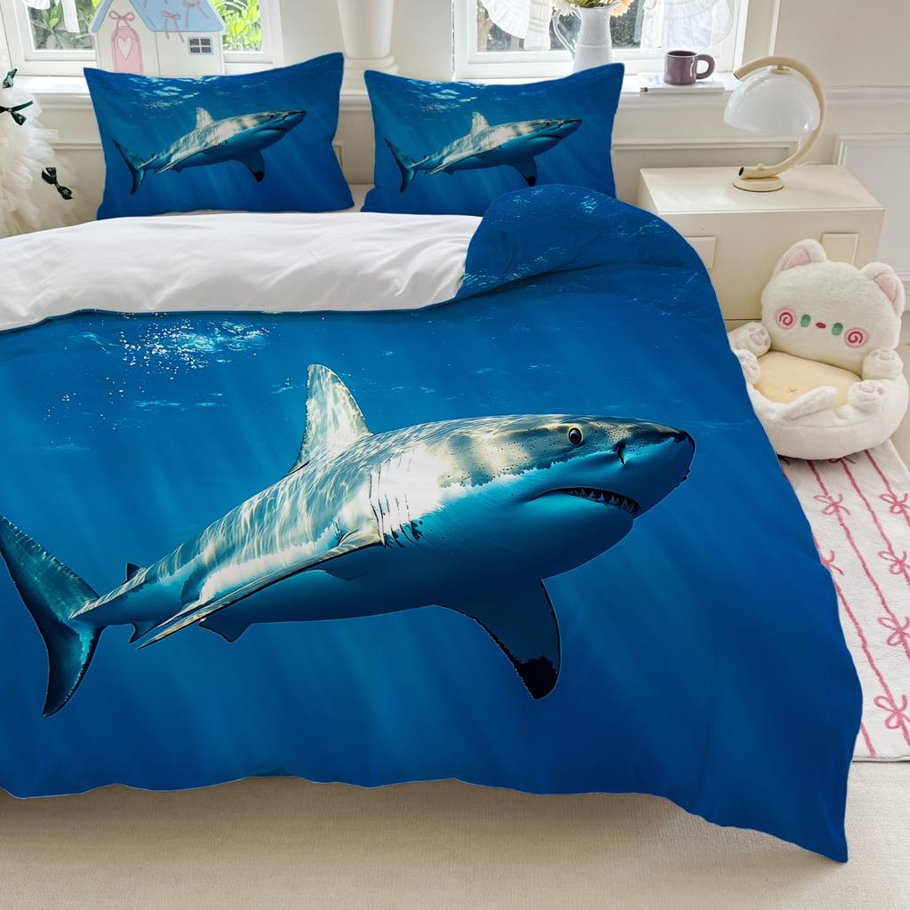 3pcs Shark Print Bedding Set - Blue Ocean Theme for Bedroom Decor Polyester Machine Washable All-Season Comfort Machine Washable