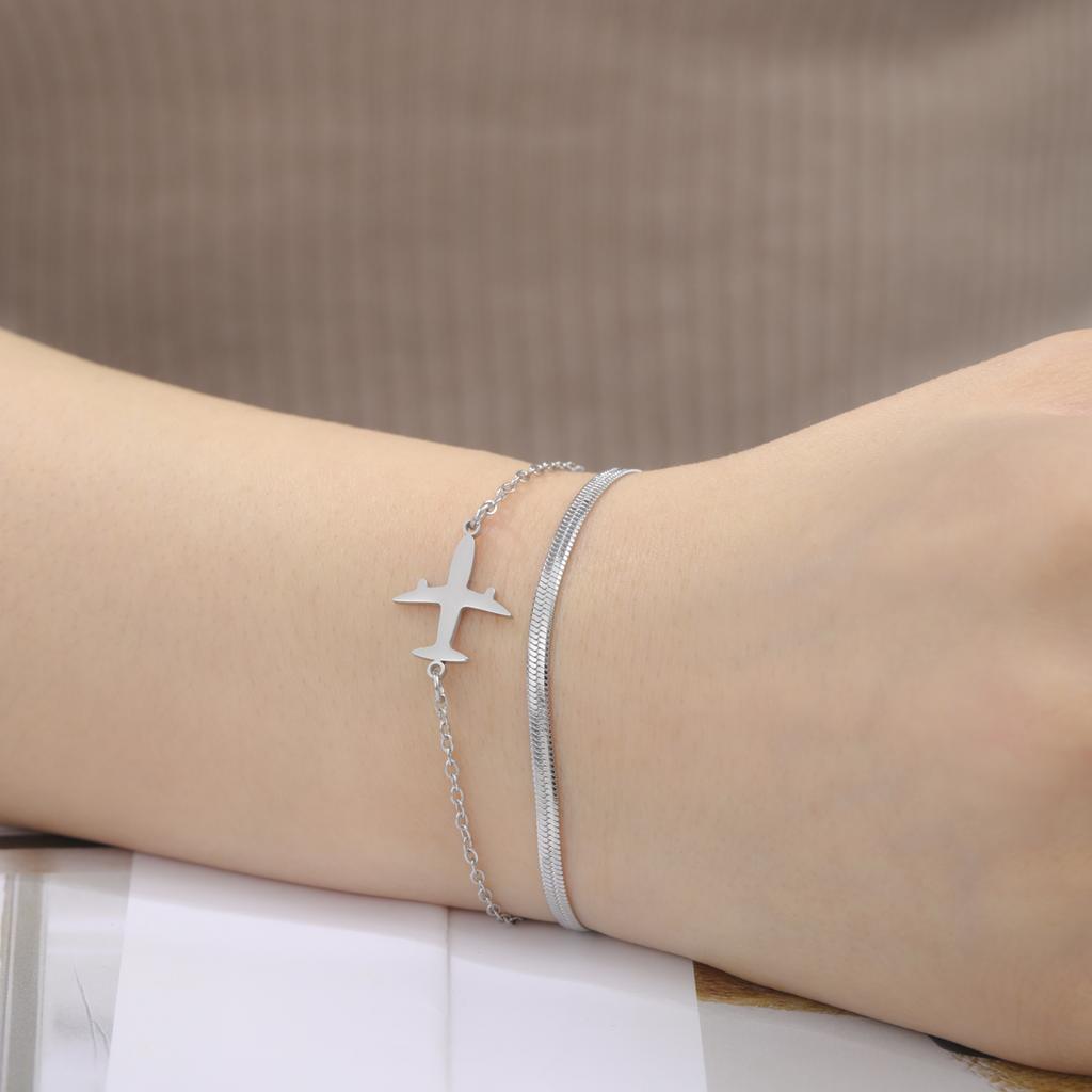 Lucktune Fashion Airplane Pendant Snake Chain Bracelets Woman Stainless Steel Jewelry Women's Hand Bracelets Party Birthday Gift