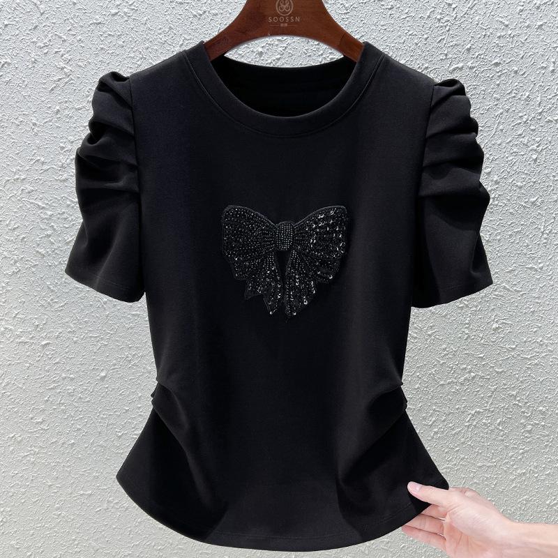 

Female Summer Short-Sleeve Unique Bubble Sleeve T-Shirt Slim-Fit Flattering Bow Top XS чорний