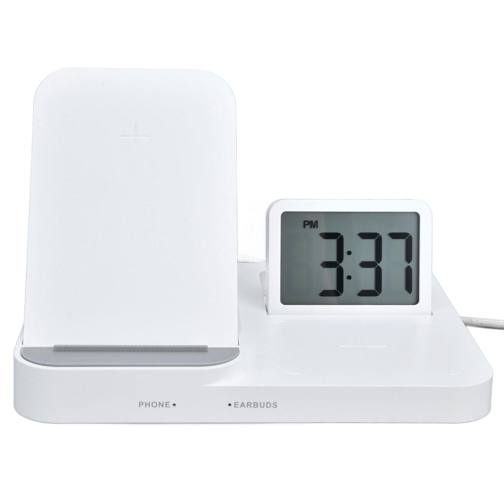 3 In 1 LCD Digital Alarm Clock with Phone Earphone Wireless Charger USB Powered for Home Office