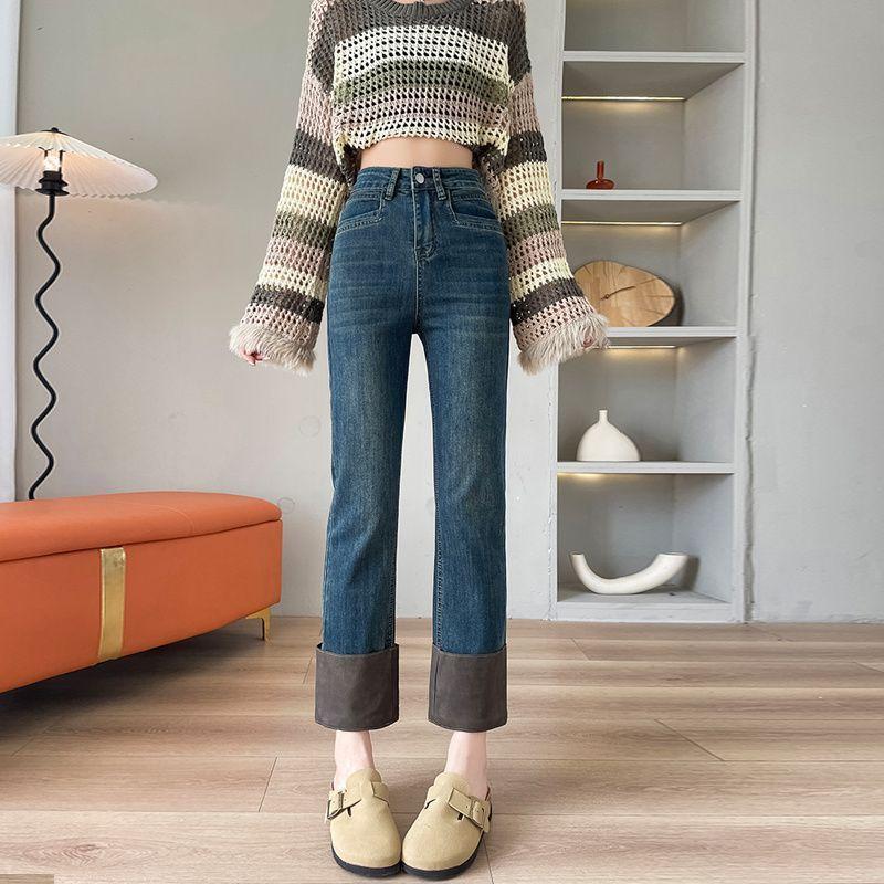 

Ретро Джинсы-трубы Девять точек для женщин Весна и Осень С высокой талией Новые Маленькие Прямые Подвернутые Слим Брюки XS