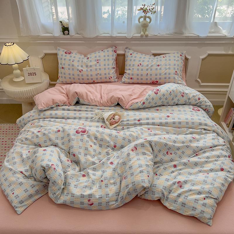 Cream Wind Double Yarn Bedding Four-piece Set Skin-friendly Breathable Washed Sheets Quilt Cover Pillowcase