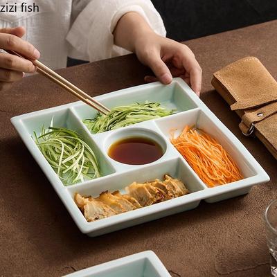 Piatto da Snack Quadrato Monocolore a Griglie Multiple in Ceramica per Dessert Sushi Antipasti Piatti di Servizio Stoviglie per Cibo Molecolare