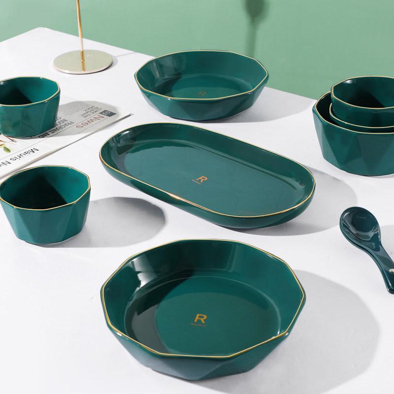 Luxury Peacock Green Tableware Set: Gold-Rimmed Bowl & Plate