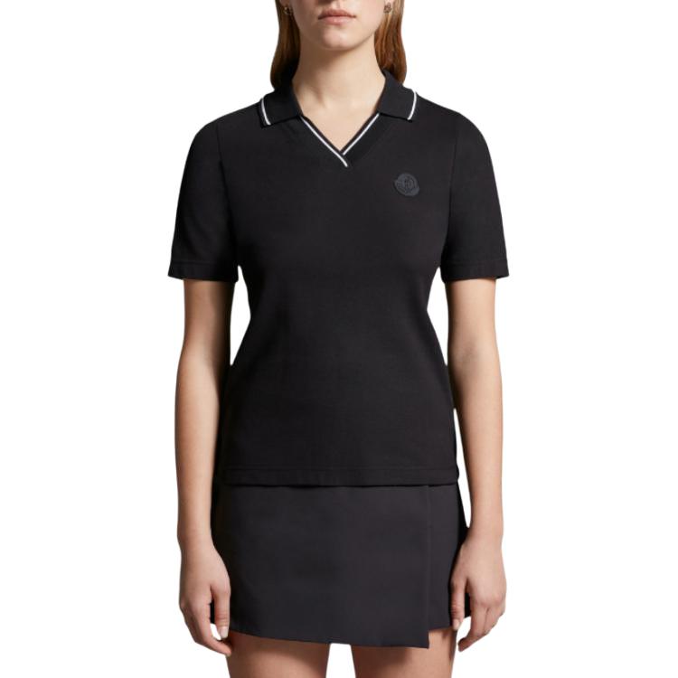 Moncler Logo Patch Slim Fit Short Sleeve Polo Shirt Women Tops Black K1-093-8A00004-899TW-999