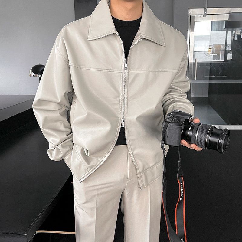 Leather Jacket Men's Spring and Autumn Korean Style Loose and Trendy Workwear Lapel Motorcycle Leather Jacket