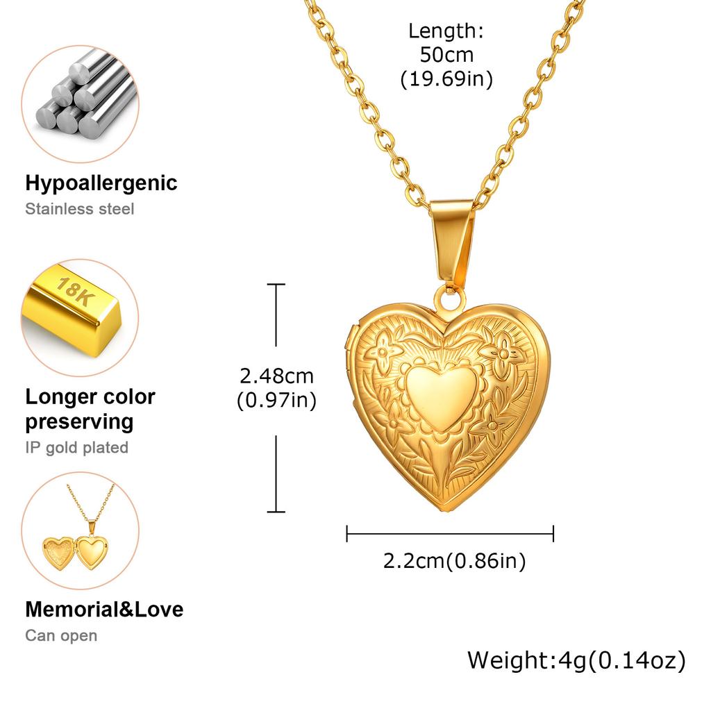 Vnox Free Custom Photo Image Necklaces, Stainless Steel  Can Open Texture Heart Locket, Family Memorial Jewelry Gifts