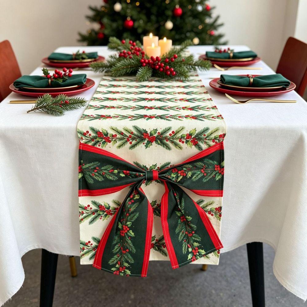 Bows Accents Holiday Table Runner Golden Accents Festive Table Decoration Winter Xmas