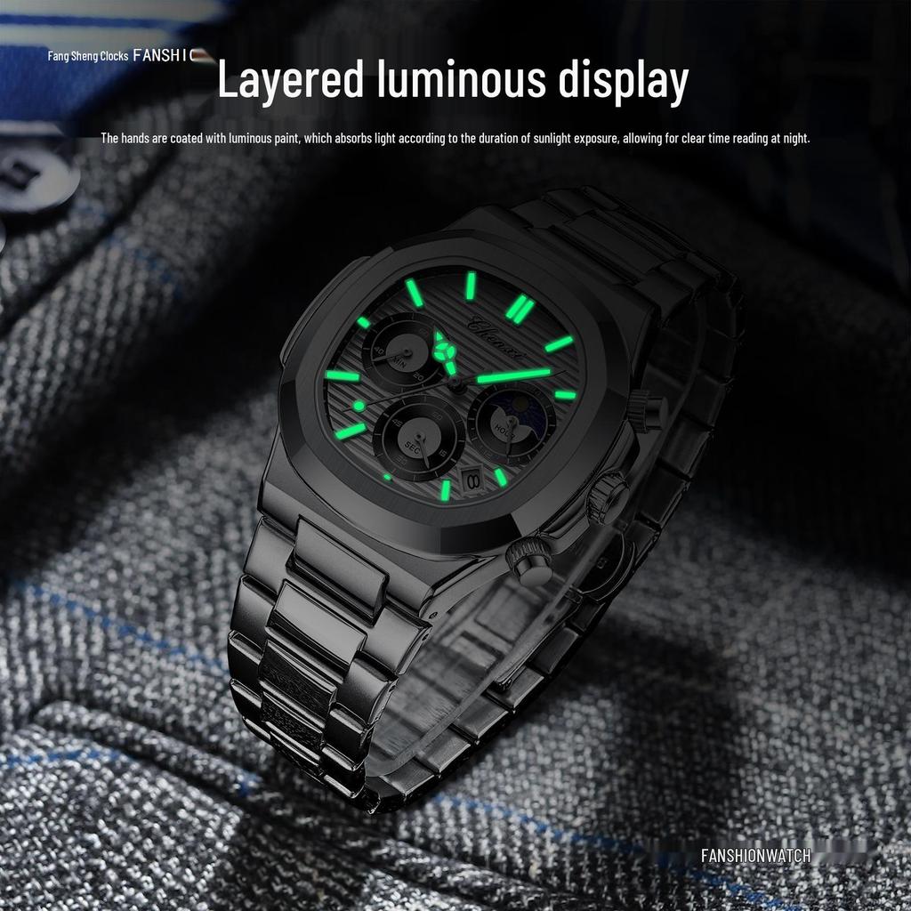 CHENXI Men's Multifunctional Chronograph Watch with Triple Eye Calendar, Luminous Steel Band, and Transparent Back.