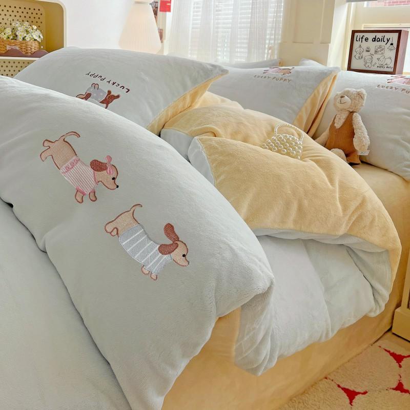 Ins Cute Cartoon Milk Fleece Bedding Set Winter Flannel Duvet Cover Sheet