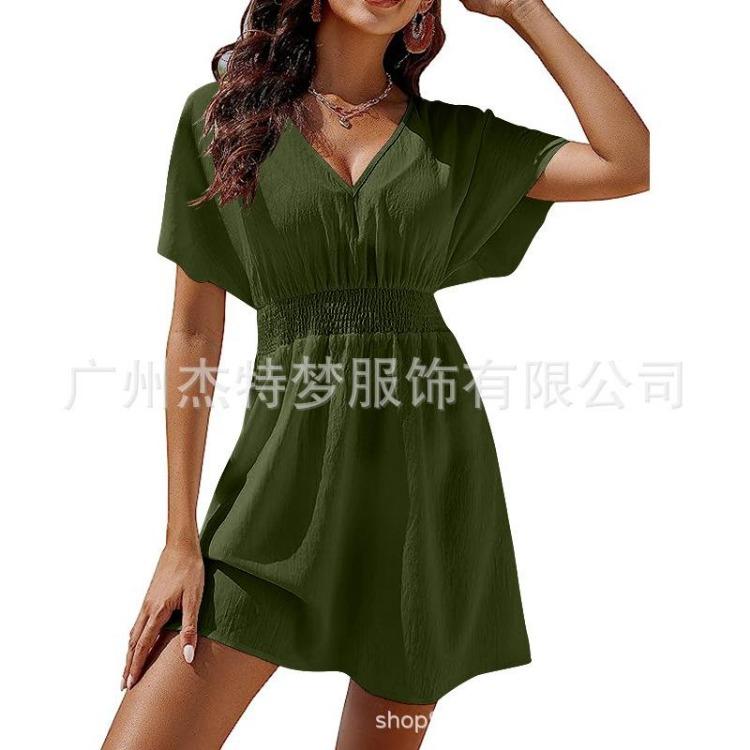 

Summer Casual Dresses V Neck Short Sleeve Womens Dress XXL армія зелений колір