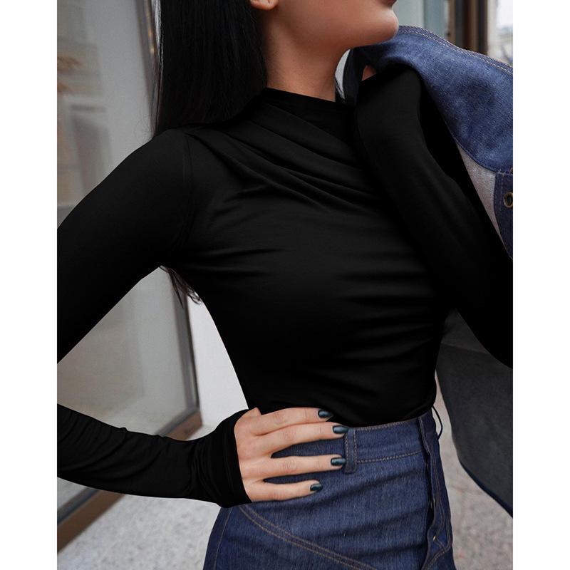 New INS Autumn/Winter Solid Color Asymmetrical Ruched Long Sleeve Slimming T-shirt Base Layer