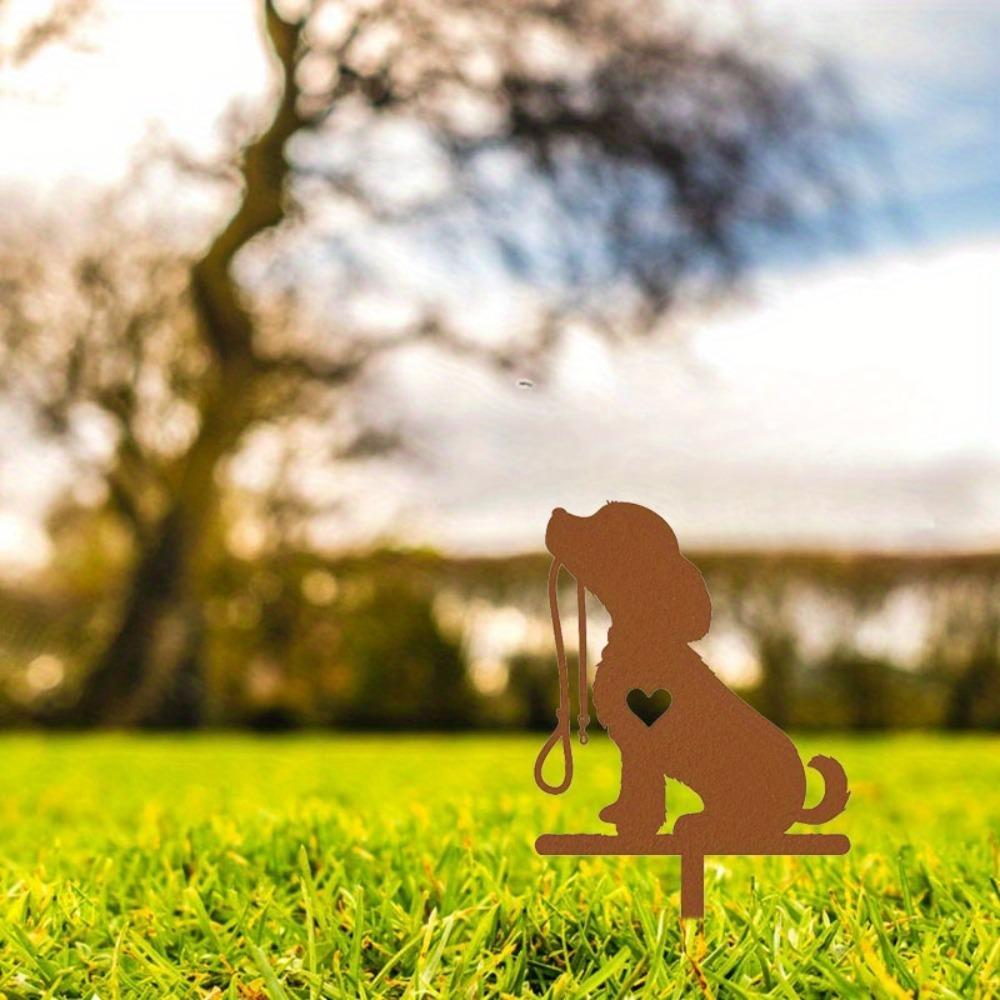 Metal Dog Silhouette Garden Stake Outdoor Decor Puppy Leash Heart