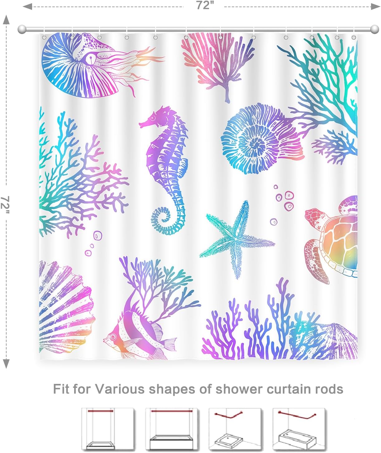 

Nautical Coastal Shower Curtain, Beach Shower Curtains Sea Horse Coral Turtle Starfish Seashell Conch Ocean Themed Kids Showercu W60H190(CM)-1 Pcs