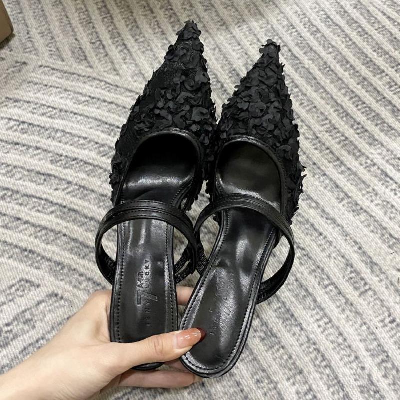 Flower Design Brand High Heel Pumps Women Sexy Pointed Toe Mesh Breathable Slippers Elegant Party Backless Dress Shoe Mule Shoes