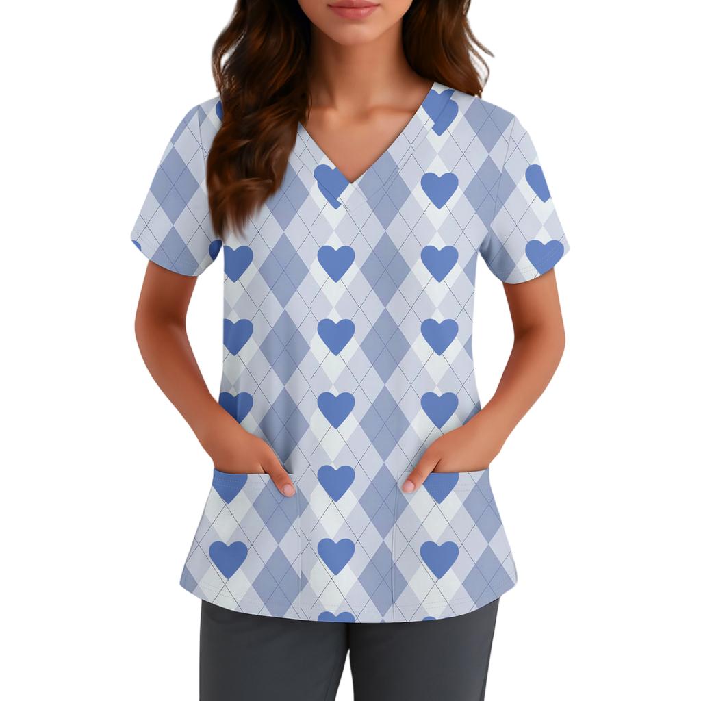 Women's Cute Bow Printed Work Clothes V-neck Double Layer Pockets Basic Short Sleeve Top Pullover