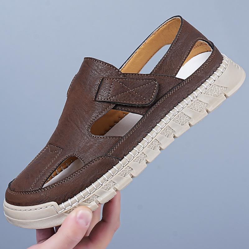 2025 Men s Handmade Woven Leather Velcro Sandals: Breathable, Perforated, Casual Summer Shoes 43 коричневый
