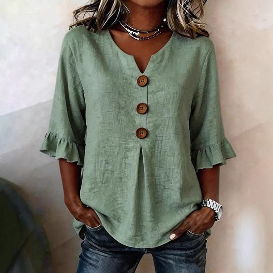 Women Shirt Stand-Up Collar V-Neck Buttons Decor Half Sleeve Ruffle Cuffs Pullover Tops Pure Color Loose Fit Summer Tops