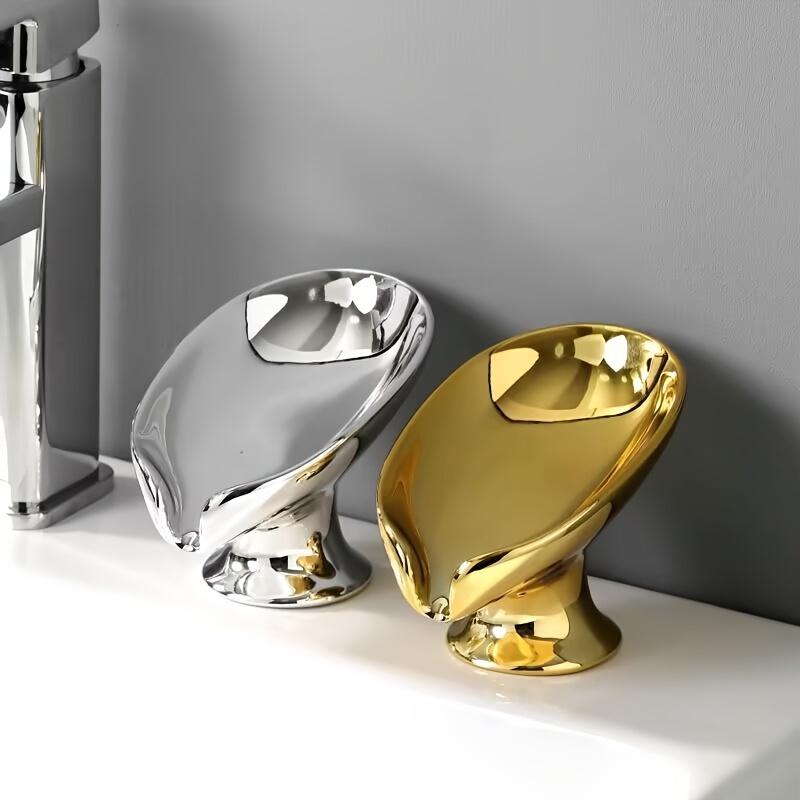 Suport Elegant pentru Săpun din Ceramică cu Frunze Aurii și Argintii, Design Oval cu Scurgere Automată pentru Organizarea Băii, Suport de Depozitare în Formă de Frunză cu Suprafață Texturată