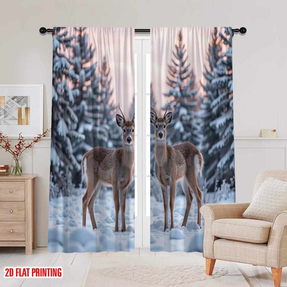 Flat Printing Christmas Drapes Forest Deer Versatile Polyester Without Electricity Spring Perfect Holiday Curtain Set Of 2 Made Washable