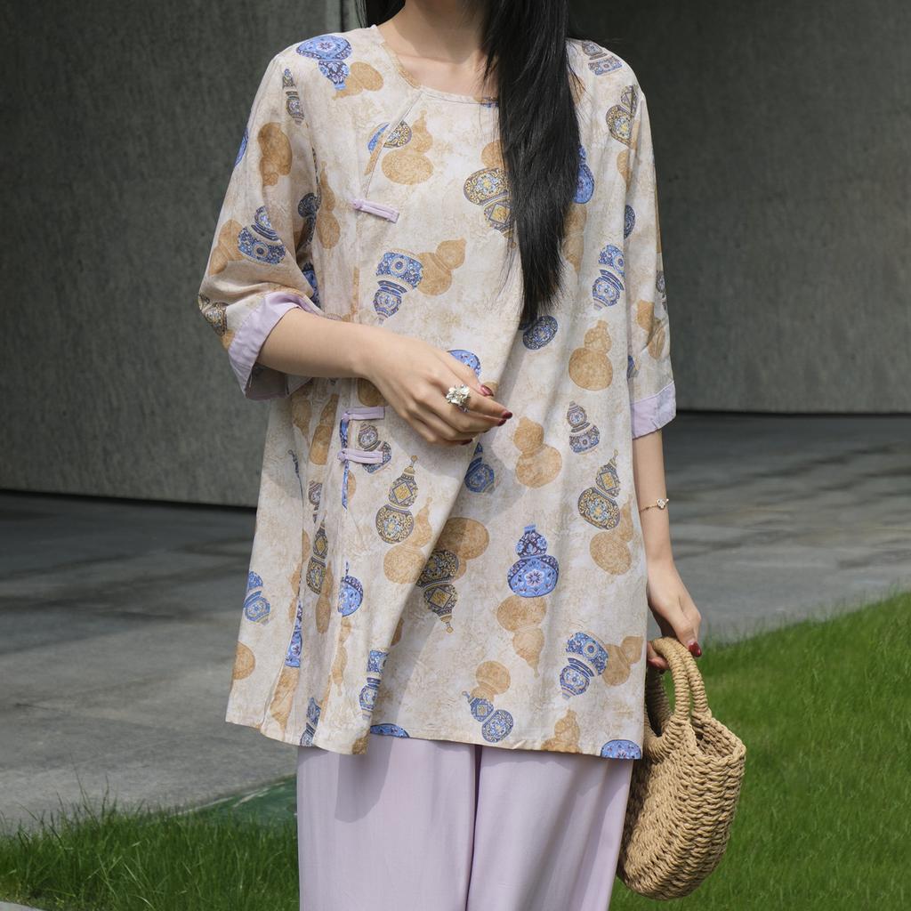 New Chinese national style cotton and silk pajamas women's spring and summer medium-sleeved wide-leg pants can be worn outside loungewear high-end