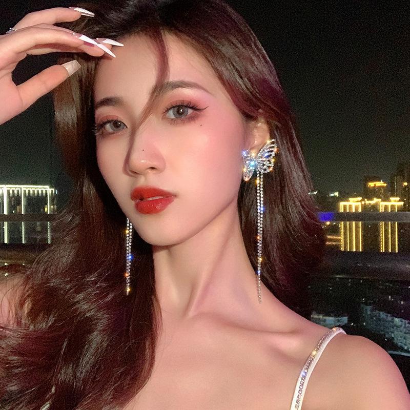 Tassel Butterfly Earrings For Women Shiny Rhinestone Big Bowknot Creative Jewelry Temperament Party Girl Accessories Gifts