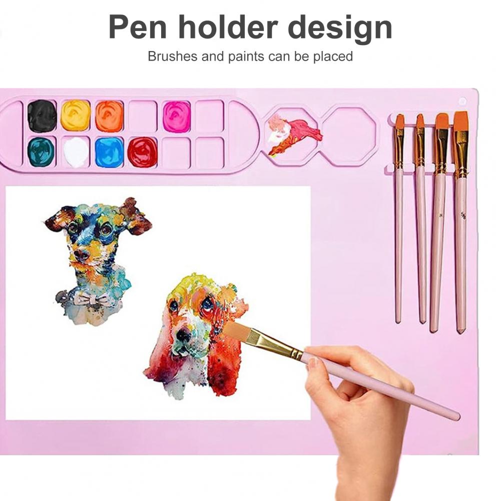 Drawing Mat Silicone Painting Mat with Cup Non-Stick Art Mat with Brush Cleaner Pen Holder DIY Clay Art Palette
