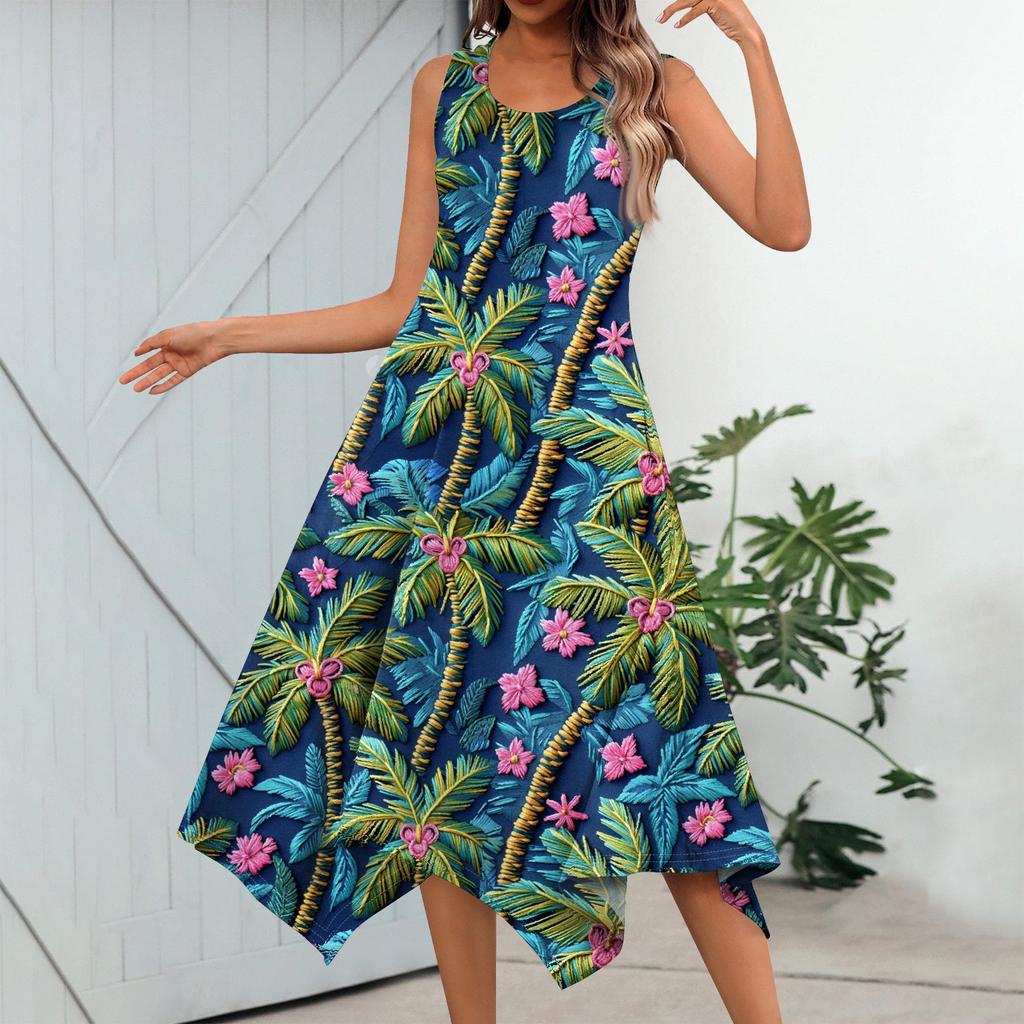 Dámská ležérní móda Midi šaty s kulatým výstřihem a potiskem bez rukávů s nepravidelným lemem