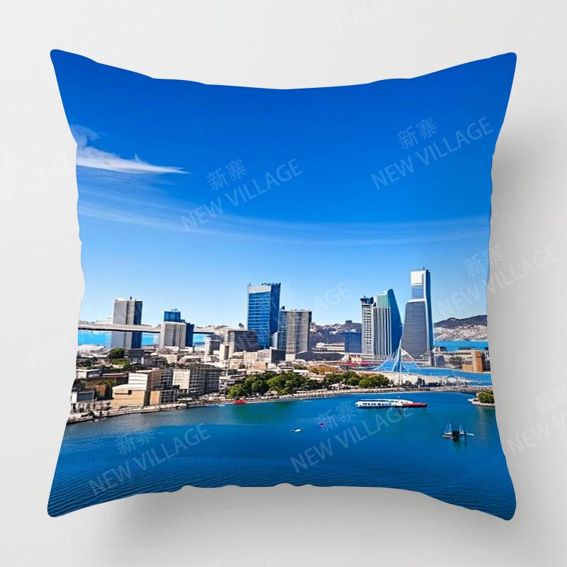 Four Seasons Universal Short Plush Pillow Case Living Room Bedroom Landscape Illustration Architectural Pattern Cushion Cover